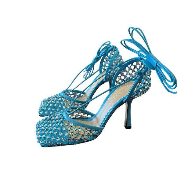 Bottega Veneta Mesh Crystal Embellished Sparkle  Ankle Tie Heels NEW EU 36.5 - Picture 2 of 9